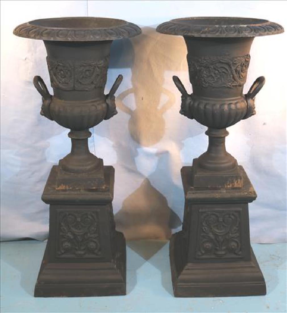 Pair of cast iron black garden urns on stand, 42 in. T, (1 of 4)