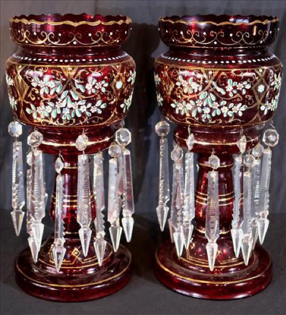 Pair ruby mantle lusters with cut prisms, 14in. T.: Pair ruby mantle lusters with cut prisms and enamel paint, 14 in. T, 6.5 in. Dia.