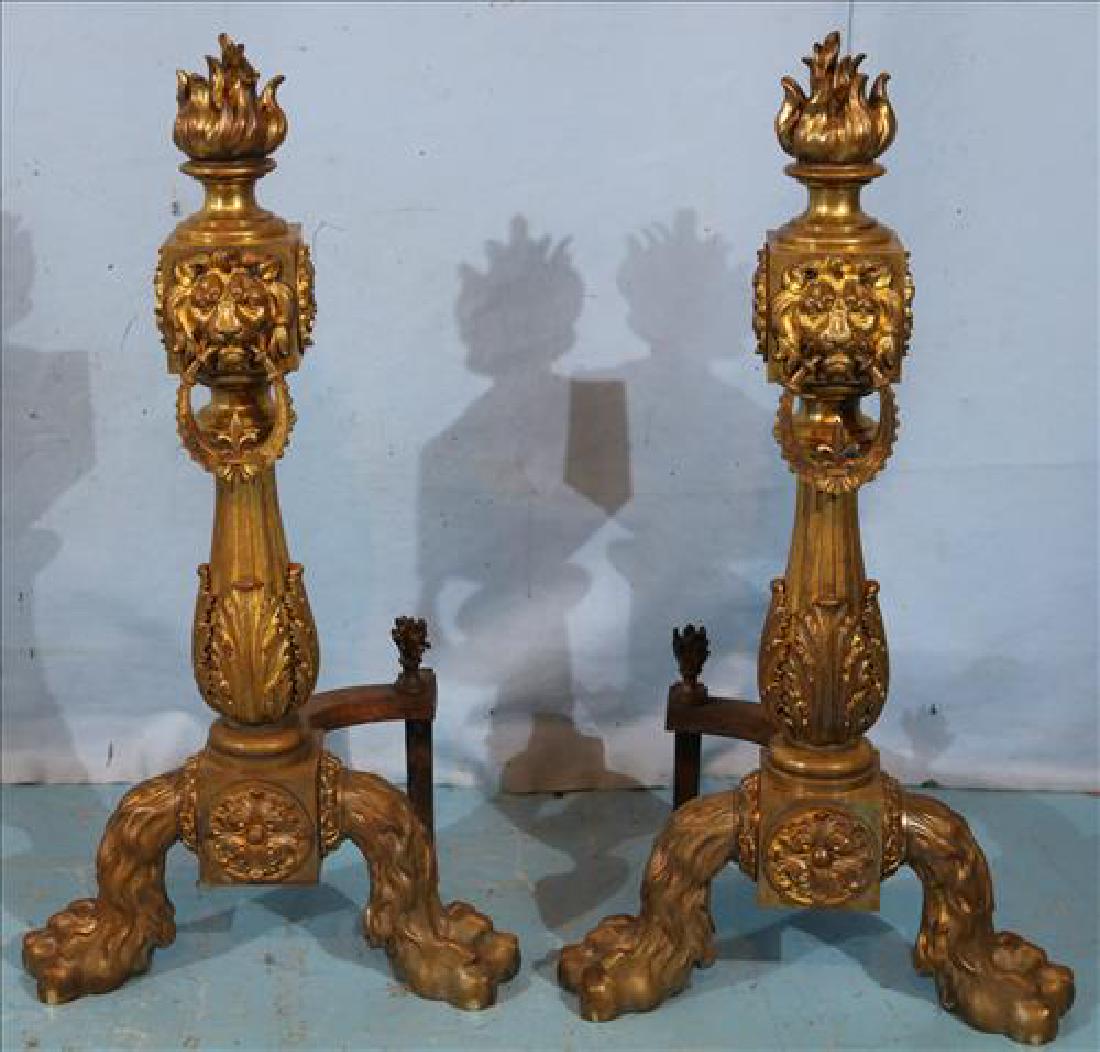 Antique pair bronze andirons with lion heads: Antique pair bronze andirons with lion heads, extremely heavy, 29 in. T.