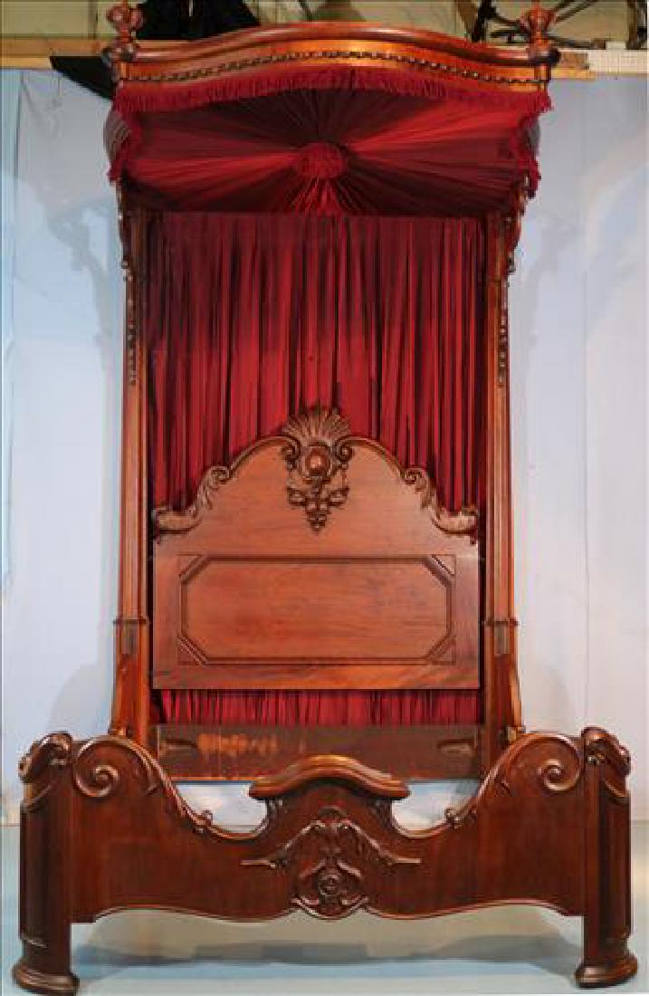 Mahogany rococo half tester plantation bed: Mahogany rococo half tester plantation bed signed C Lee, 10 Ft. 6 in. T, 65 in. W, 72 in. L.