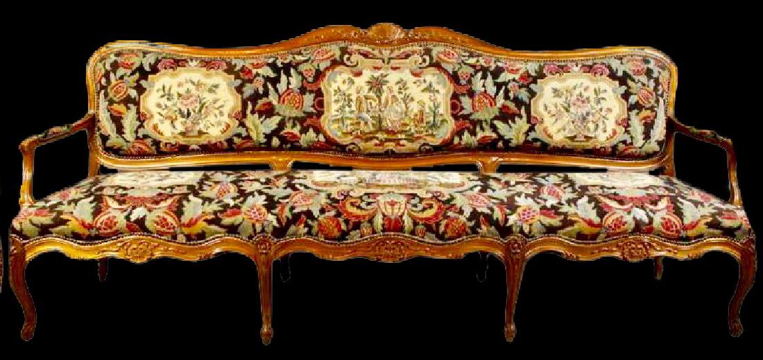 Palatial 19th Century finely carved Louis XV style sofa: Palatial 19th Century finely carved Louis XV style figural scenic needlepoint and petit point sofa from the founder of Standard Oil Co. (perfect condition) L 8 ft. H 40 in. D 24 in.