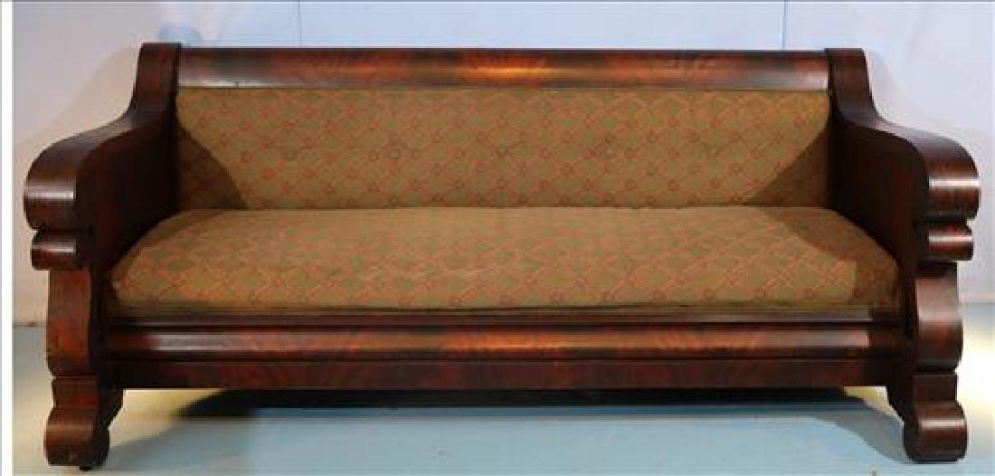 Mahogany Empire Meeks style sofa, 80 in. L.: Mahogany Empire Meeks style sofa with scroll arms and feet, green upholstery, 80 in. L, 23 in. D, 31 in. T.