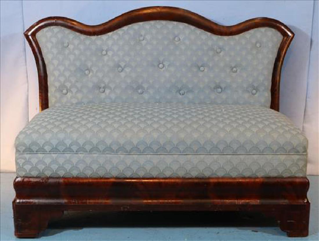 Mahogany Empire bustle bench w blue upholstery: Mahogany Empire bustle bench with blue upholstery, 32 in. T, 42 in. W, 18 in. D.
