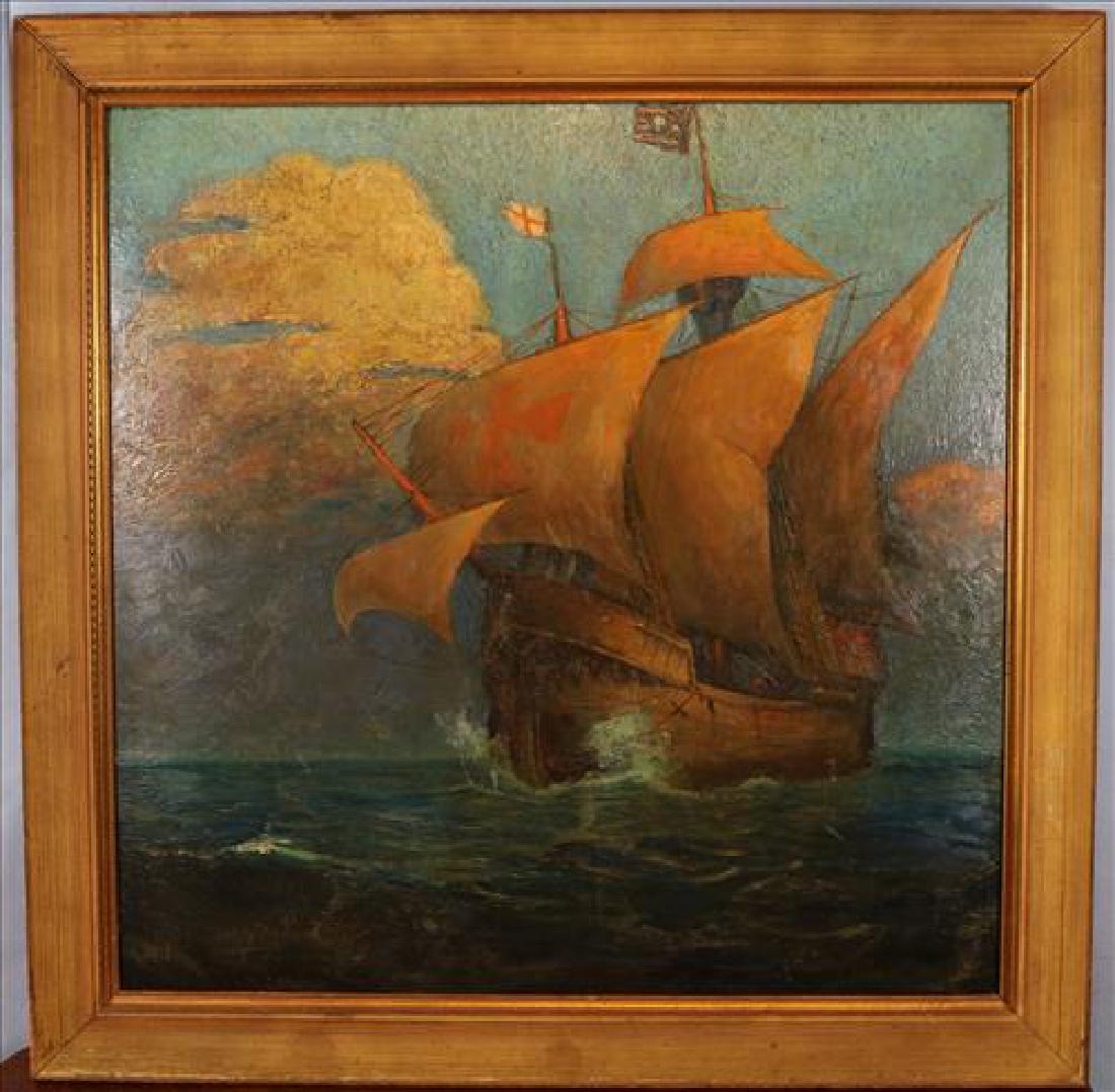 Antique Oil on board Pirate Ship, 39 x 39: Antique Oil on board of "Jolly Rogers" pirate Ship in original frame, 39 x 39