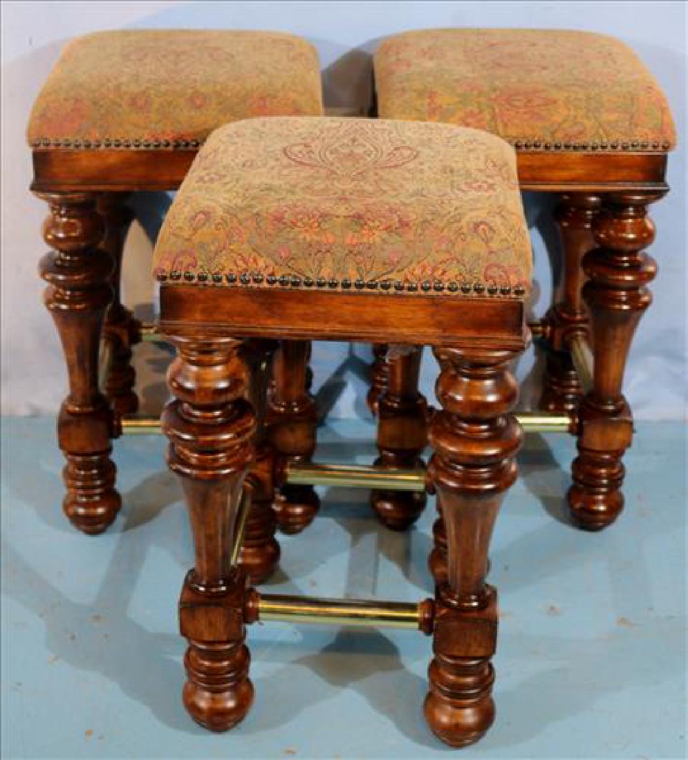4 solid mahogany bar stools with brown upholstery: 4 solid mahogany bar stools with brown floral upholstery, 28 in. T, 16 in. Sq.