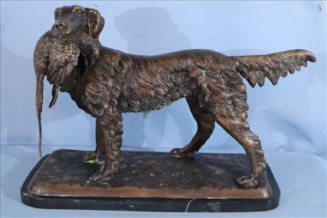Bronze bird dog on marble base holding bird in mouth