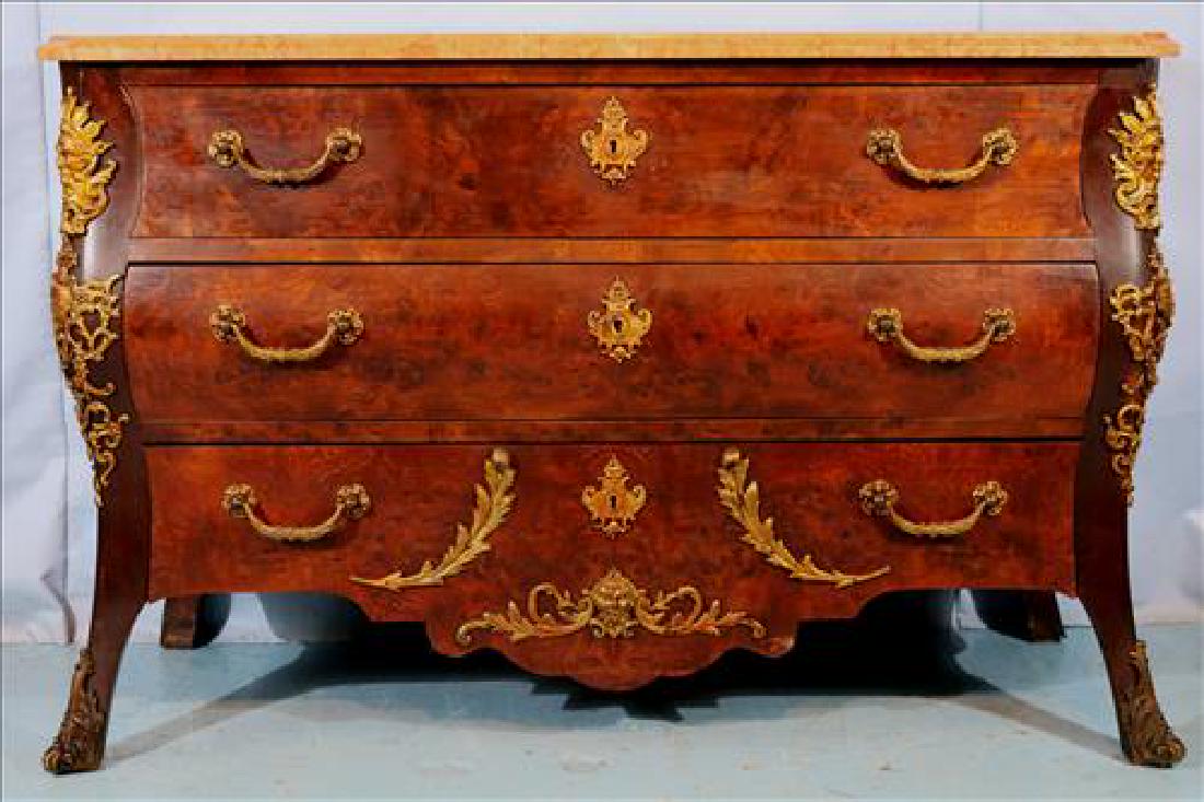 Burl walnut French 3 drawer chest with bronze ormolu: Burl walnut French 3 drawer chest with bronze ormolu trim and sienna marble, 37 in. T, 53 in. W, 21 in. D.