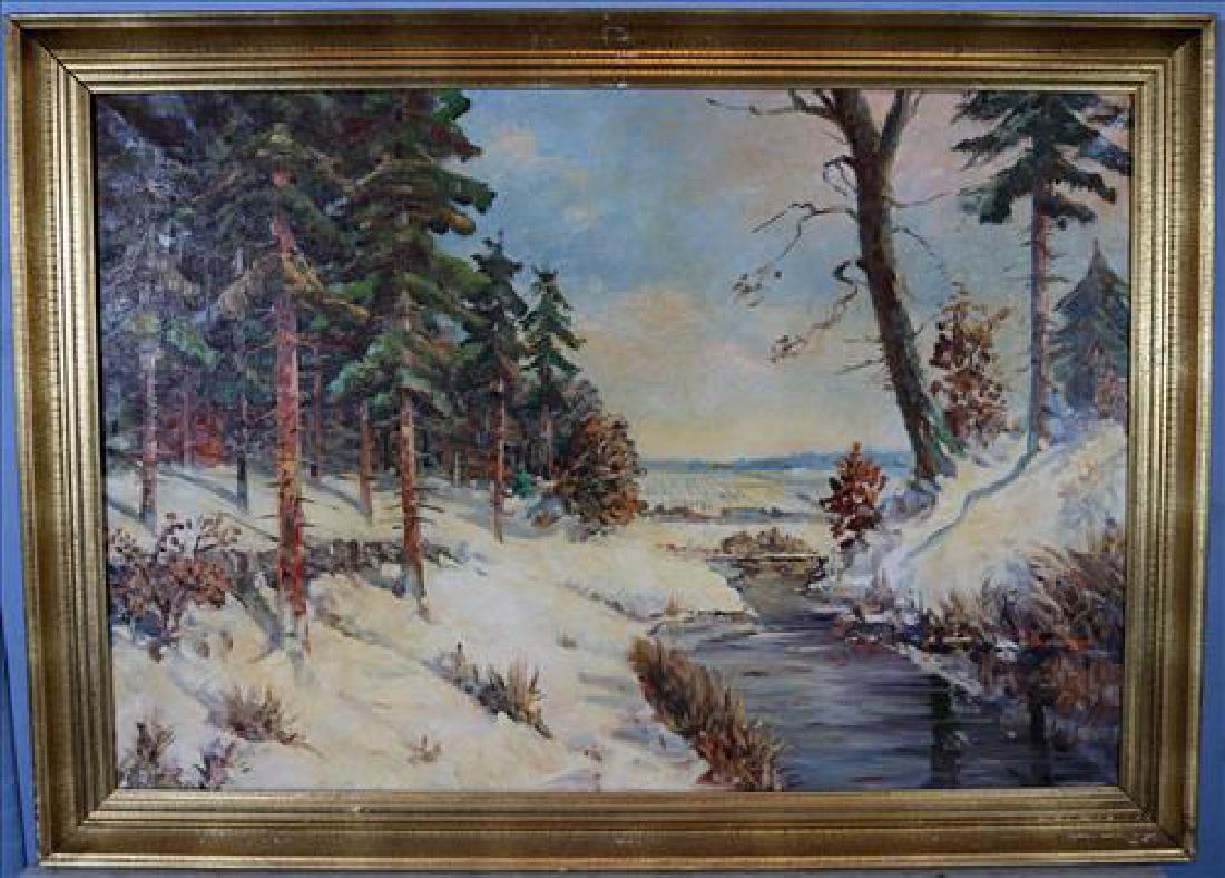 Oil on canvas of frozen creek by Kert Werner, 31 x 43: Oil on canvas of frozen creek by Kert Werner, 31 in. T, 43 in. W.