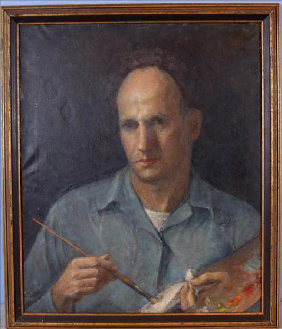 Oil on canvas of self portrait in gold frame, 23 x 27: Oil on canvas of self portrait in gold frame by Paul Laessle, well listed artist, 23 in. T, 27 in. W.