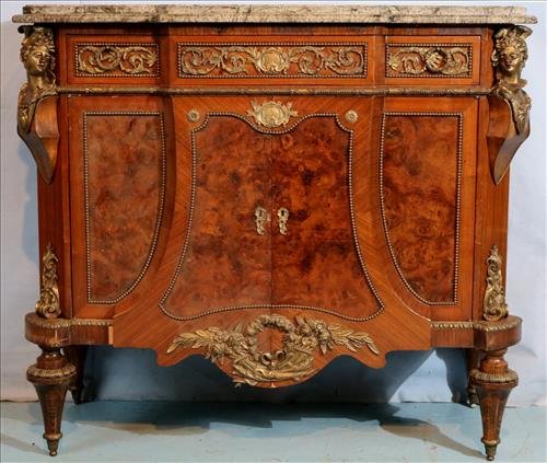 Contemporary walnut French commode with burl trim: Contemporary walnut French commode with burl trim, thick green marble top, 41 in. T, 47 in. W, 20.5 in. D.