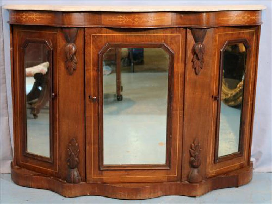 Small English white marble top credenza: Small English white marble top credenza, 32 in. T, 47 in. W, 14 in. D.