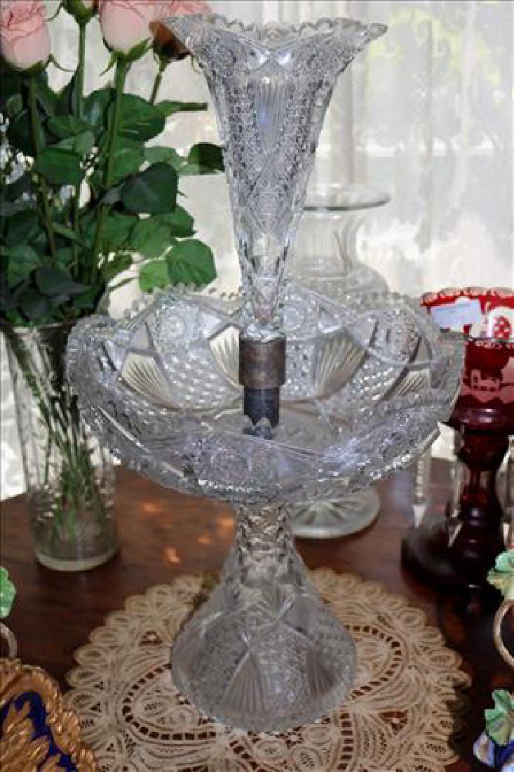 Cut glass center epergne, 22 in. T, 12 in. W.: Cut glass center epergne, 22 in. T, 12 in. W.