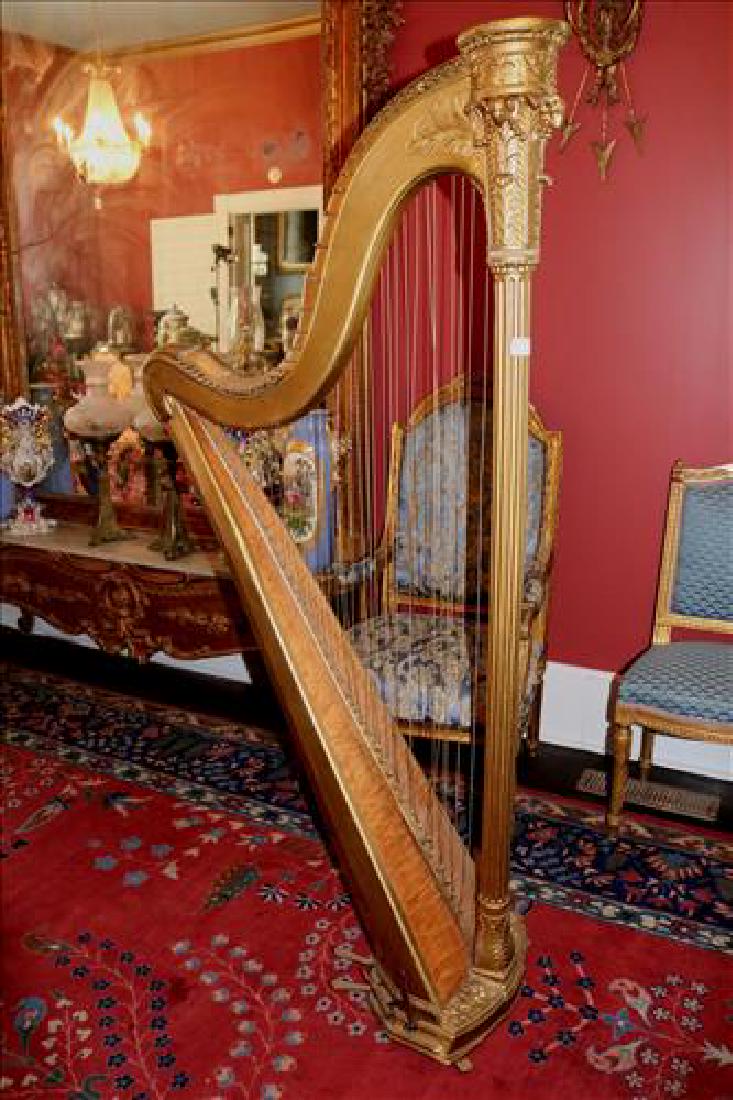 Old harp with ram heads, great decorator piece: Old harp with ram heads, has had several repairs, great decorator piece, 85 in. T, 28 in. W.