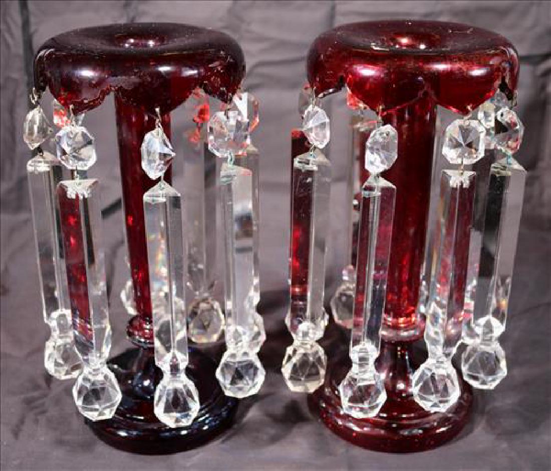 Pair of unusual ruby red mantle lusters wilt 7.5 in.: Pair of unusual ruby red mantle lusters wilt 7.5 in. prisms, 10 in. T, 5.5 in. R.