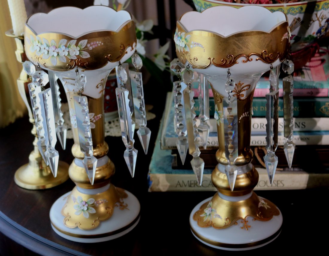 Pair Victorian mantle lusters with gold paint and: Pair Victorian mantle lusters with gold paint and prisms, 12 in. T.