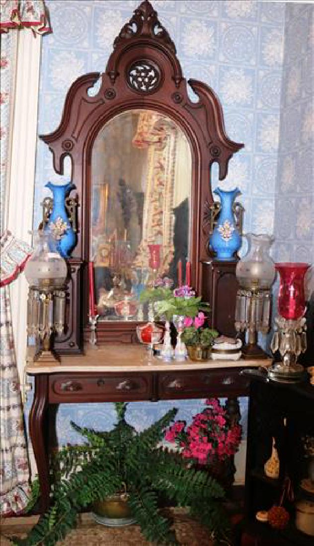 Walnut Victorian hall console table with mirror: Walnut Victorian hall console table with mirrored back, 105 in. T, 48 in. W, 19 in. D.