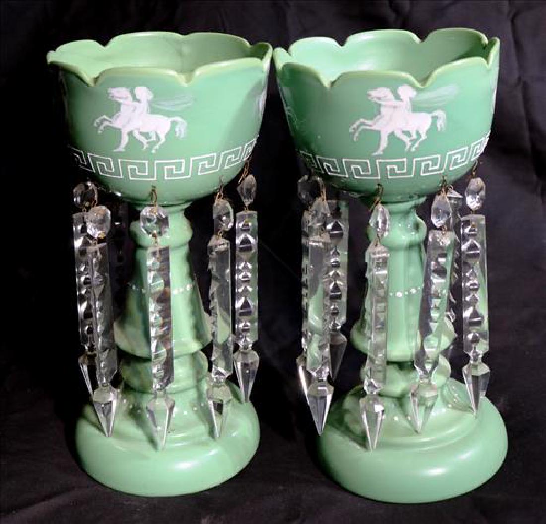 Matched pair green mantle lusters with cupids and: Matched pair green mantle lusters with cupids and horses, 12 in. T, 6 in R, 7 in. prisms