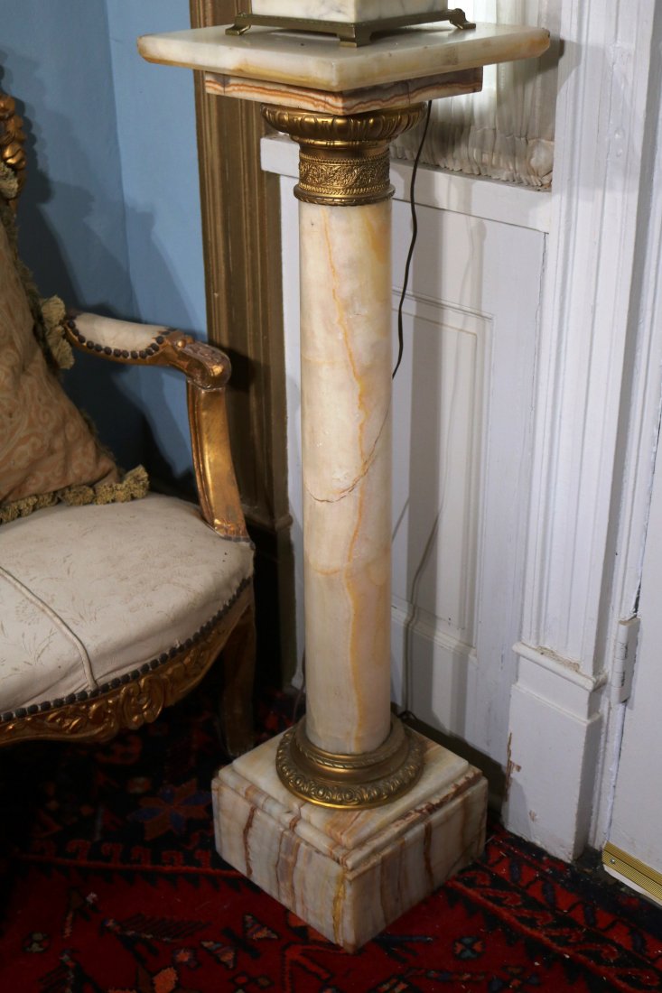 19th Century alabaster pedestal with bronze ring: 19th Century alabaster pedestal with bronze ring on base, 42 in. T, 12 in. Sq.