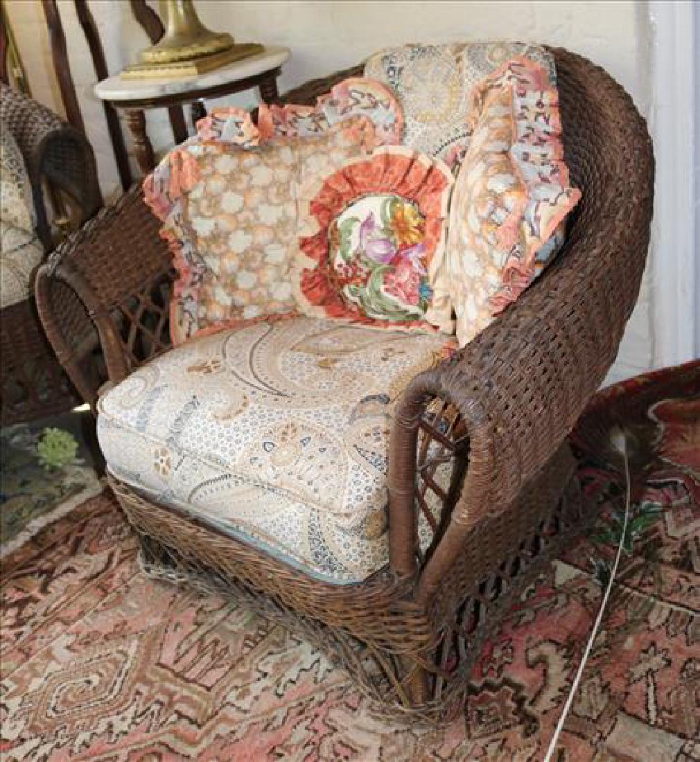 3 piece set of brown wicker, 1 with cut down legs: 3 piece set of brown wicker, 1 with cut down legs, 27 in. T, 33 in. W, 21 in. D.
