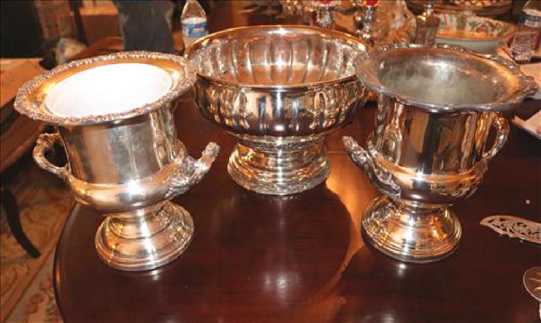 3 pieces silver-plate, 2 wine coolers and punch bowl: 3 pieces silver-plate, 2 wine coolers and punch bowl, 9 in. T, 12 in. R.