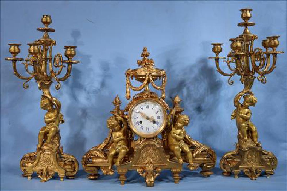 3 piece doir bronze clock set signed J.B. Froitzheim: 3 piece doir bronze clock set signed J.B. Froitzheim, 21.5 in. T.