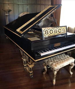 Chickering Grand Piano with gold gilding, restored: Chickering Grand Piano with gold gilding, restored and plays beautifully, has been at Chinquapin Plantation for many years. The gold gilded stool sells with the piano, 104 in. L, 60 in. W.