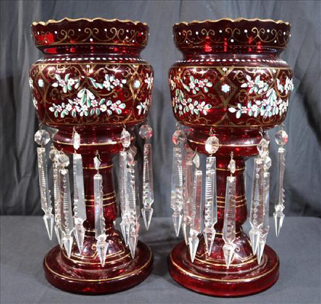Pair of ruby red mantle lusters with cut prisms: Pair of ruby red mantle lusters with good gold paint, flowers and cut prisms, 14 in. T.