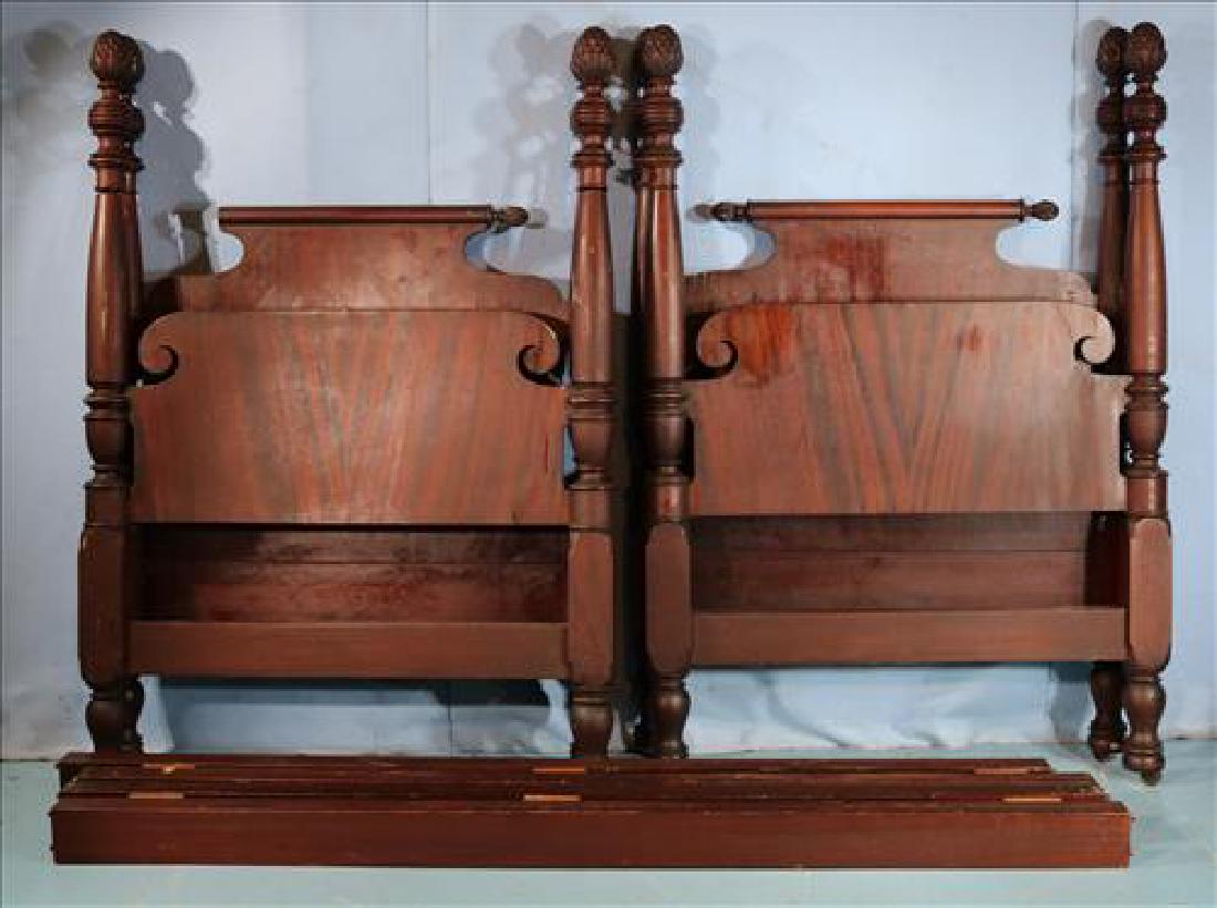 Pair mahogany Empire 4 poster twin beds: Pair mahogany Empire 4 poster twin beds with pineapple finials, 62 in. T, 76 in. L, 29 in. W.