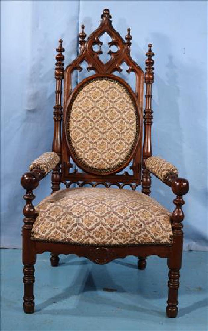 Walnut Victorian gothic arm chair: Walnut Victorian gothic arm chair, 51.5 in. T, 25 in. W, 21 in .D.