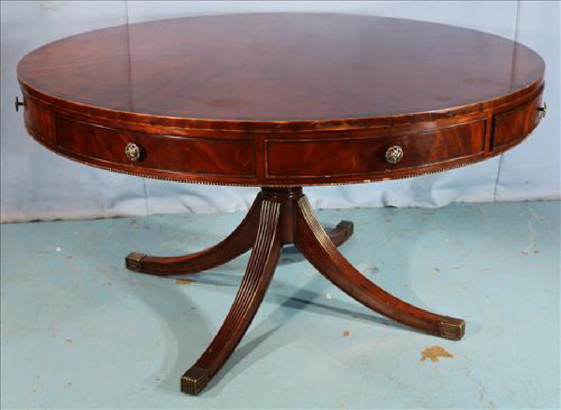Large round leather top center table: Large round leather top center table, Duncan Phyfe style, 30 in. T, 54 in. Dia.