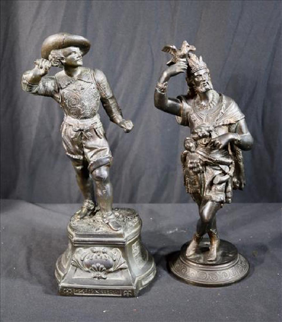2 Spelter statues of Indian and warriors, 14 in. T.: 2 Spelter statues of Indian and warriors, 14 in. T.