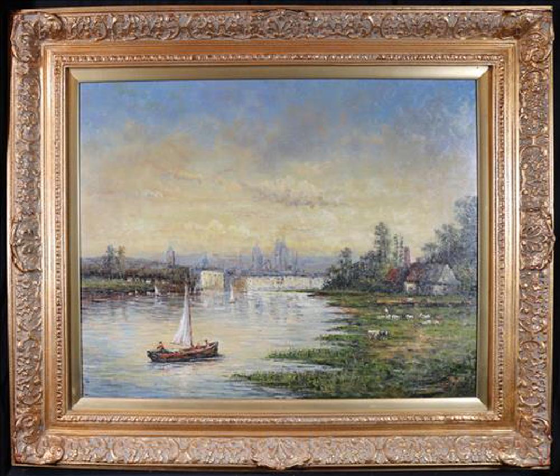 Oil on canvas of lake scene by Robert Duvall: Oil on canvas of lake scene by Robert Duvall, 34 x 40