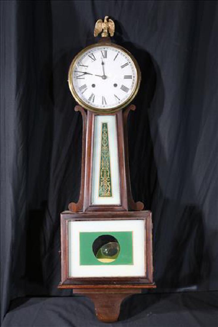 Early mahogany banjo clock, 3 ft. 1 in. T.: Early mahogany banjo clock, 3 ft. 1 in. T, 11 in. W, 4 in. D.