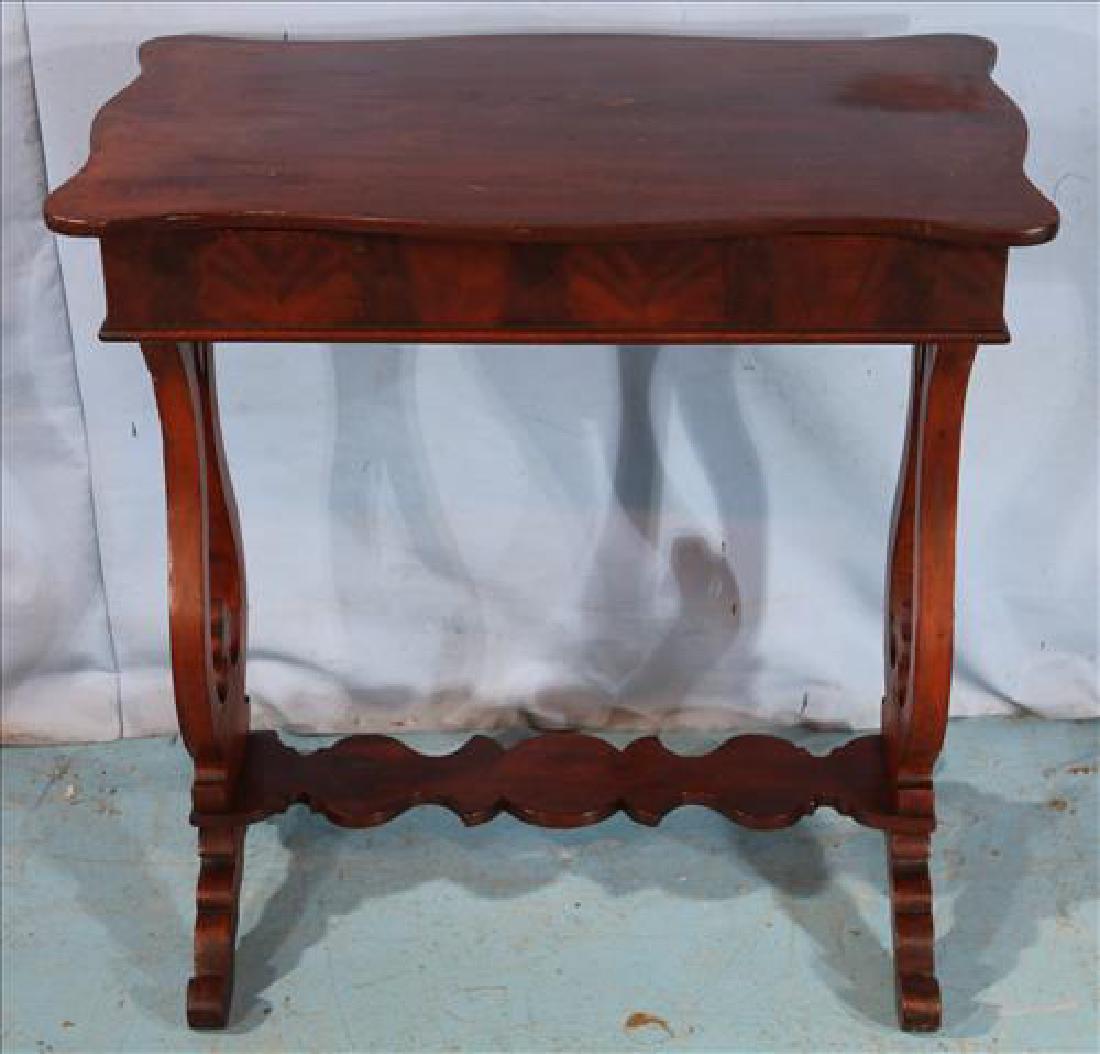 Small flame mahogany console table with drawer: Small flame mahogany console table with 1 drawer, 28 in. T, 27 in. W, 16 in. D.
