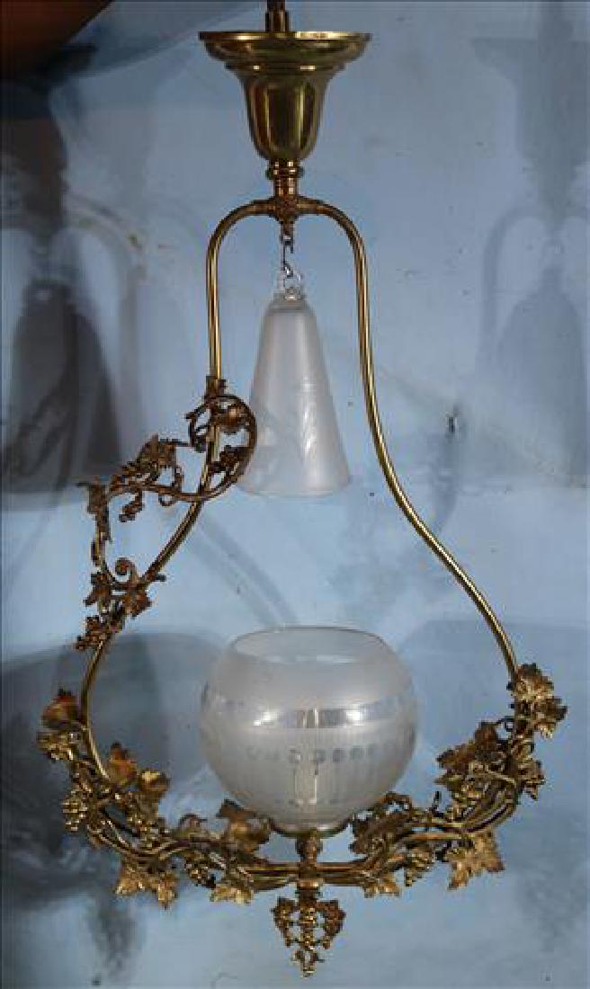 Hall gasolier with smoke bell, 31 in. T, 19 in. W.: Cornelius and Baker harp shape hall gasolier with smoke bell, 31 in. T, 19 in. W, ca. 1850-1860
