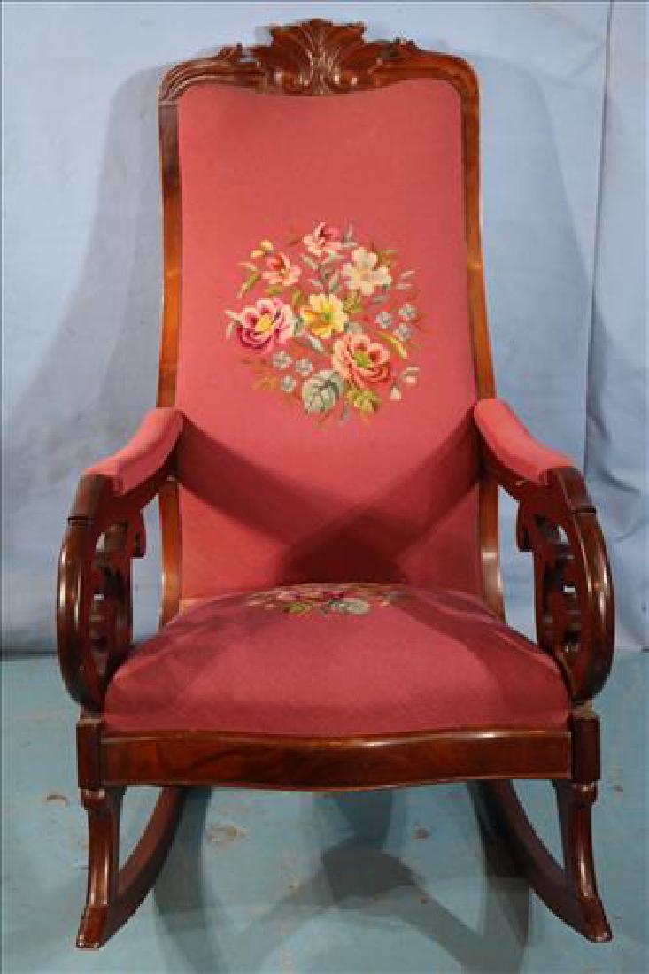 Mahogany rocker with needlepoint: Mahogany rocker with needlepoint, 42 in. T, 24 in. W, 21 in. D.