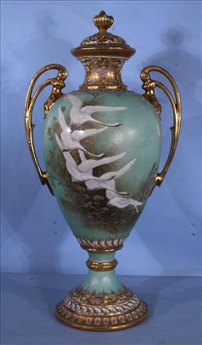 Very large urn marked Nippon with decoration: Very large urn marked Nippon with jewels and swan decoration, 23 in T.