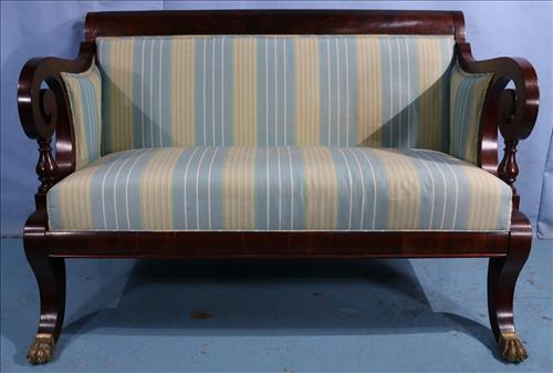 Period Duncan Phyfe mahogany love seat: Period Duncan Phyfe mahogany love seat, once belonged to curator of Metropolitan Museum, 32 in. T, 48 in. W, 19 in. D.