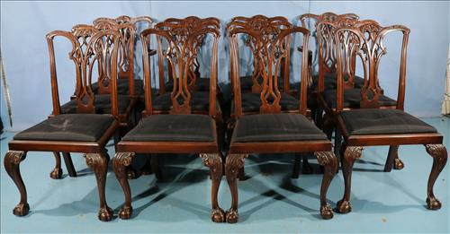 Set of 12 mahogany Chippendale dining chairs: Set of 12 mahogany Chippendale carved back and knee dining chairs, probably English, 39 in. T, 22 in. W,18 in. D.