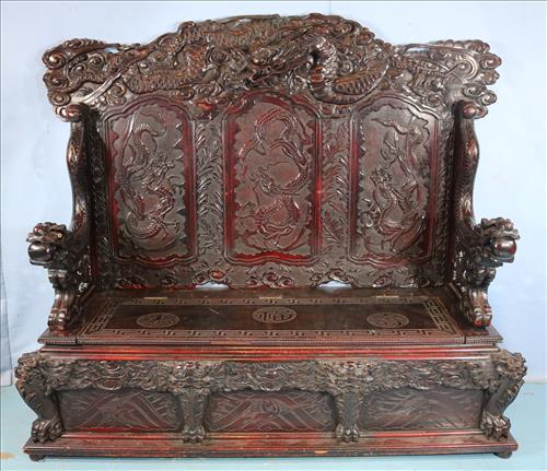 English import Oriental hall bench: English import Oriental 2 piece hall bench with lift seat and heavily carved with dragons, 4 ft. 10 in. T, 70 in. W, 23 in. D.