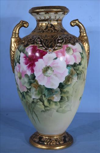 Large HP Nippon vase with flowers and gold: Large marked HP Nippon vase with flowers and gold decoration, 14 in. T.