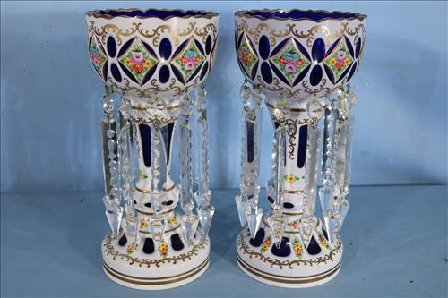Pair of white cut to blue mantle lusters with prisms: Pair of white cut to blue mantle lusters with cut prisms, 12 in. T, 6 in. Dia.