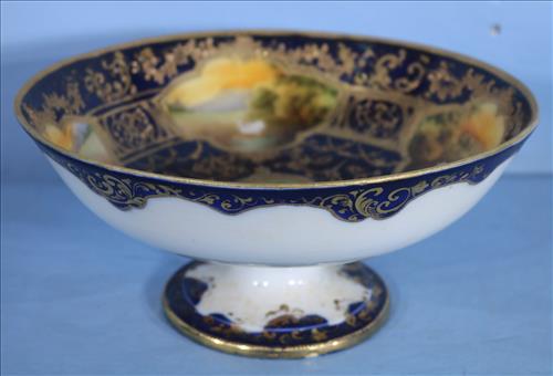 Footed Nippon bowl with flowers and swans: Footed Nippon bowl with cobalt blue, flowers and swans, 5 in. T, 10 in. Dia.