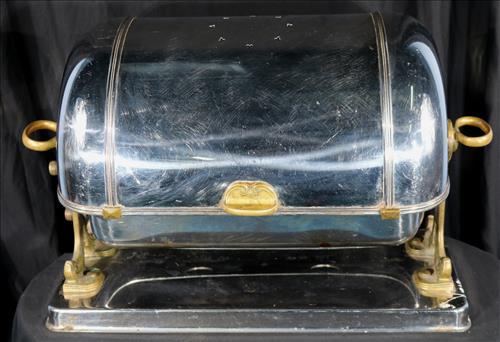Silver-plate food warmer signed Sambonet: Silver-plate food warmer/server signed Sambonet, 19 in. T, 29 in. W, 12 in. D.