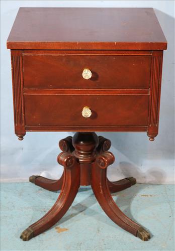 Mahogany Duncan Phyfe 2 drawer work table: Mahogany Duncan Phyfe 2 drawer work table with glass pulls, 27 in T, 18 in. W, 15 in. D.