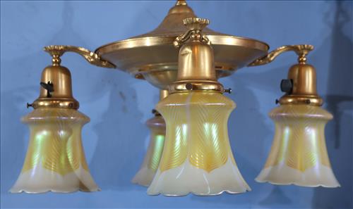 Gold gilded hanging fixture with art glass shades: Gold gilded hanging fixture with art glass shades, 32 in. T, 20 in. W.
