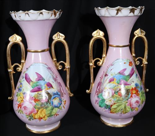 Pair of pink Old Paris vases with birds and gold paint: Pair of pink Old Paris vases with birds and gold paint, bottoms have been drilled for lamp, 16 in. T, 9 in. W.