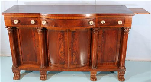 Mahogany Empire sideboard with claw feet: Mahogany Empire sideboard with claw feet and column front, 43 in T, 72 in. W, 24 in. D.