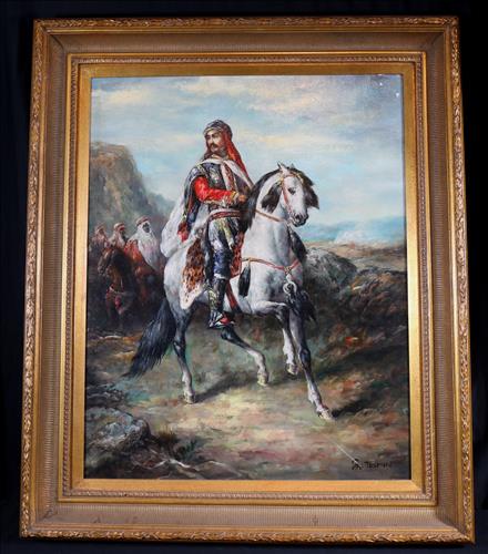 Oil on canvas of Arabian knight on horse, signed: Oil on canvas of Arabian knight on horse, signed S. Tasmin, 38 in. T, 31 in. W.