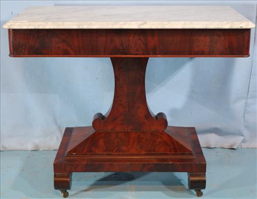 Mahogany Empire console table with marble: Mahogany Empire console table with white marble, 29 in. T, 37 in. W, 19 in. D.